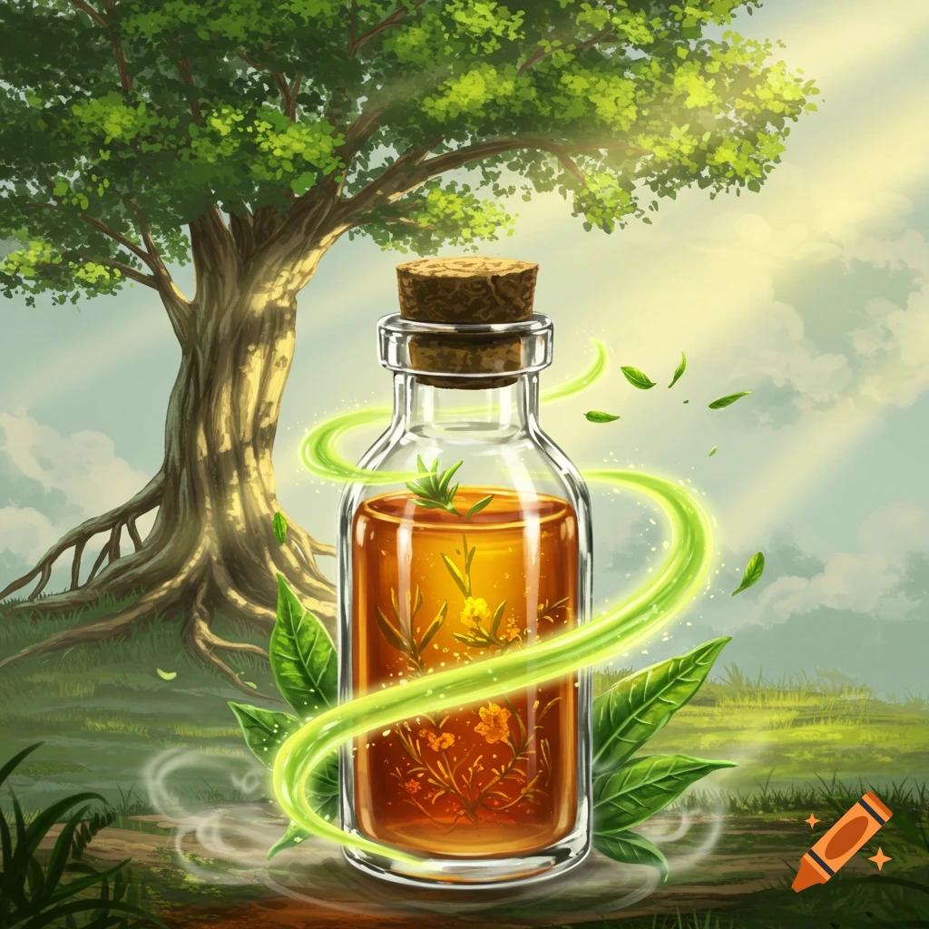 Illustration of a magical glass bottle with amber liquid and herbs, glowing with green energy, under a large tree in a sunny natural landscape.