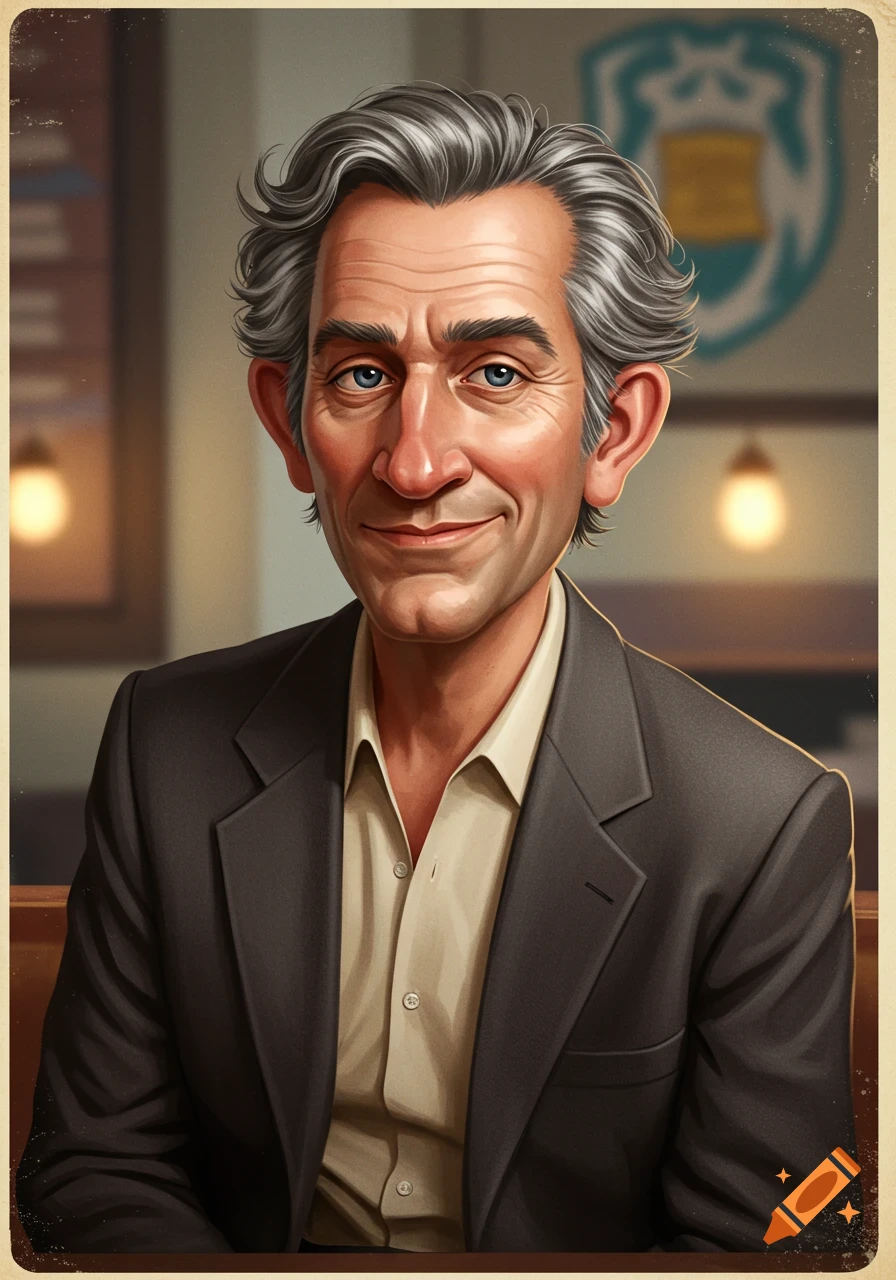 A stylized portrait of a smiling older man with gray hair and blue eyes, wearing a dark suit jacket and a light collared shirt.