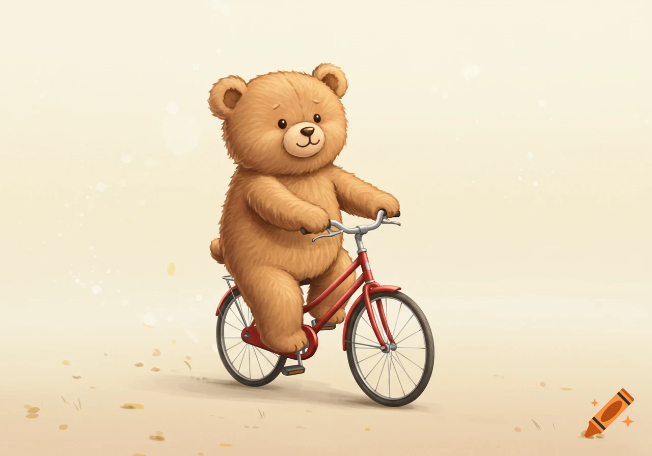 A cute brown cartoon bear rides a red bicycle on a light-colored ground with a minimalist background.