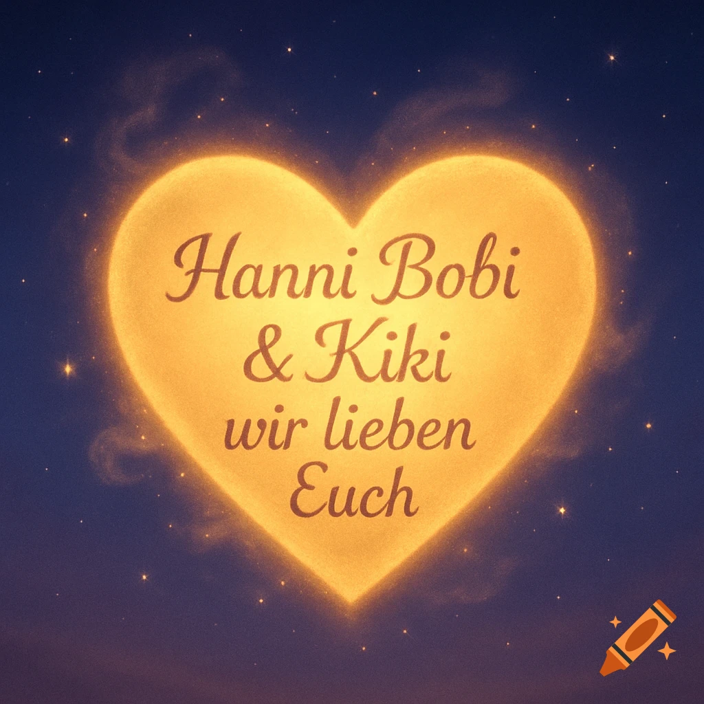 A glowing golden heart against a dark blue starry sky, with the text 'Hanni Bobi & Kiki wir lieben Euch' inside.
