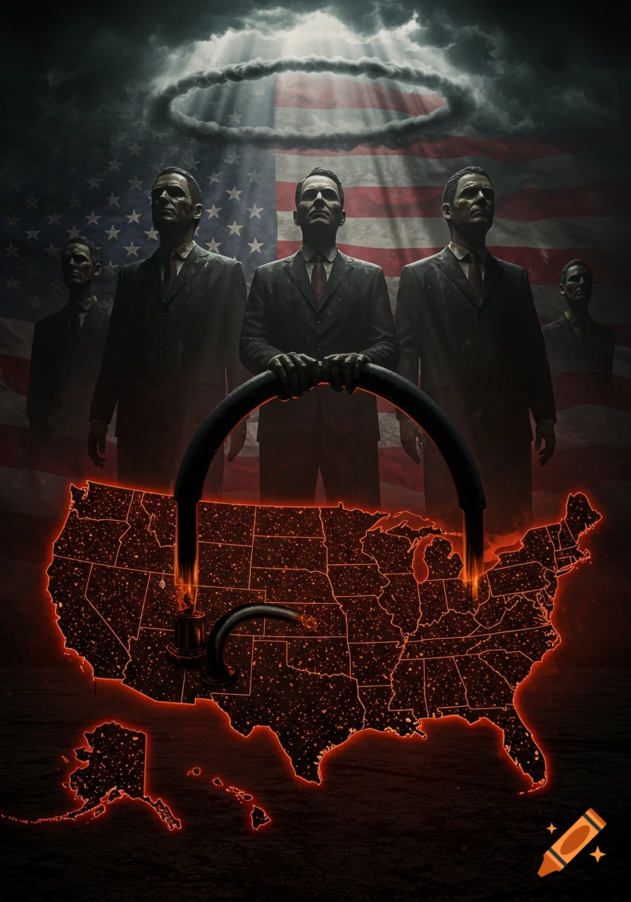 Dramatic art of suited men controlling a glowing US map with pipes, beneath an American flag and a dark, cloud halo.