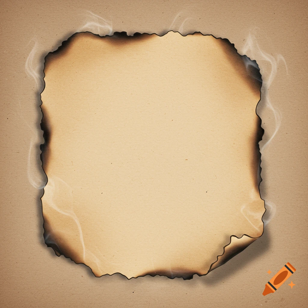 A light brown sheet of paper with dark, burned, irregular edges and wisps of smoke rising from the sides, set against a lighter brown background.
