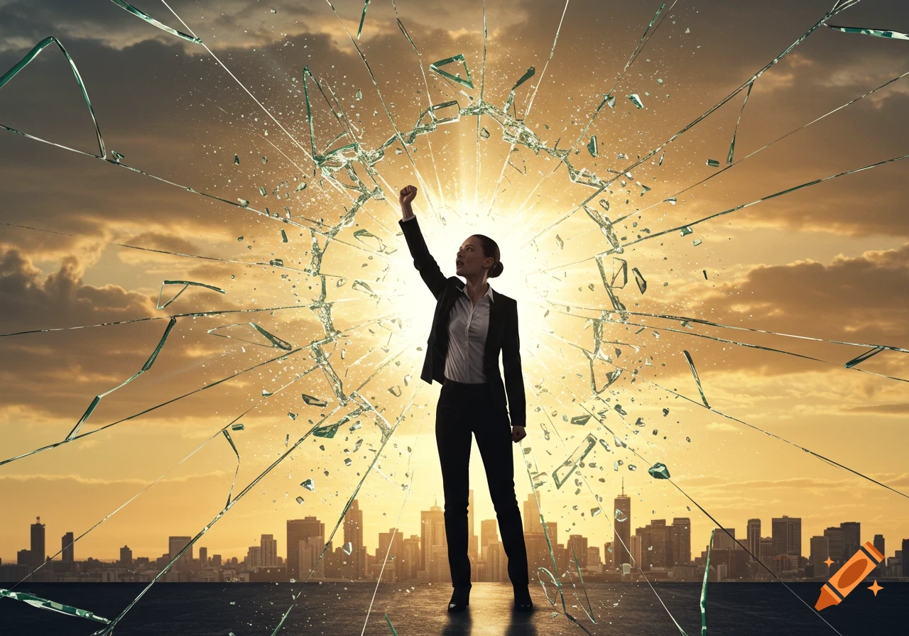 A determined businesswoman breaking through a shattered glass ceiling against a sunset city skyline, symbolizing empowerment.