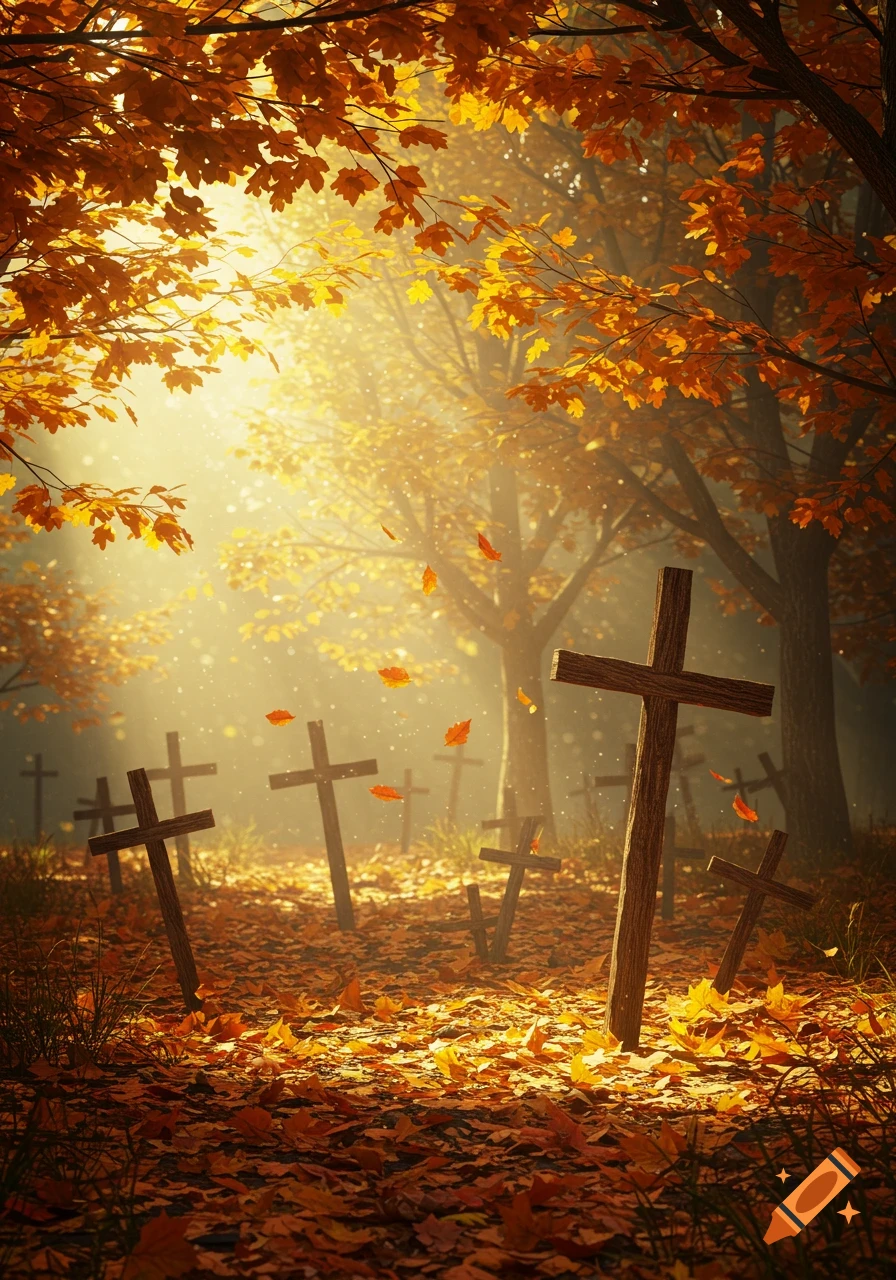 Sunlit autumn forest scene with numerous wooden Christian crosses amidst a thick carpet of fallen orange leaves.