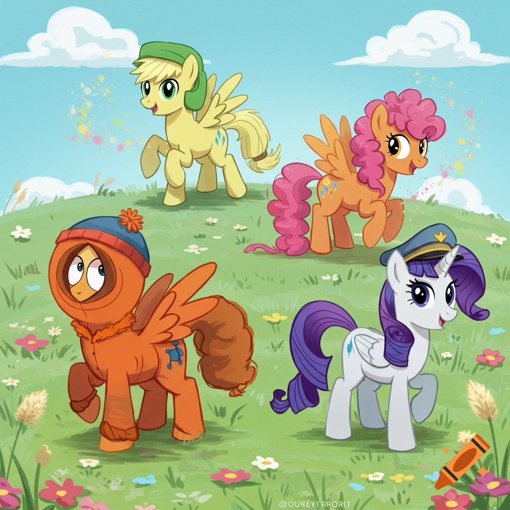 Four cartoon ponies, resembling South Park characters, stand on a green hill with flowers under a blue sky.