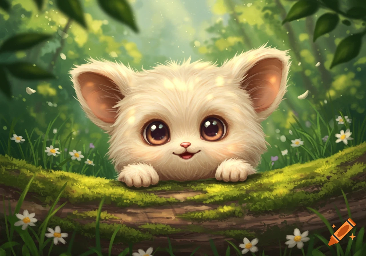 A fluffy, cream-colored creature with big brown eyes and a pink nose smiles, peeking over a mossy log in a sunlit forest.