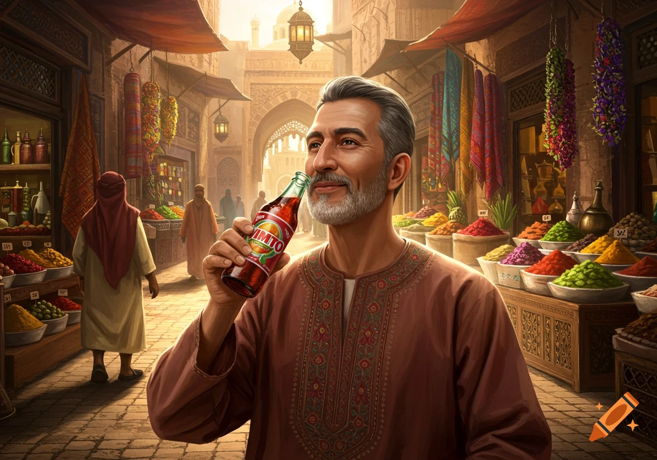 A smiling man with a beard drinks from a Vimto bottle in a vibrant Middle Eastern market filled with spices and fabrics.