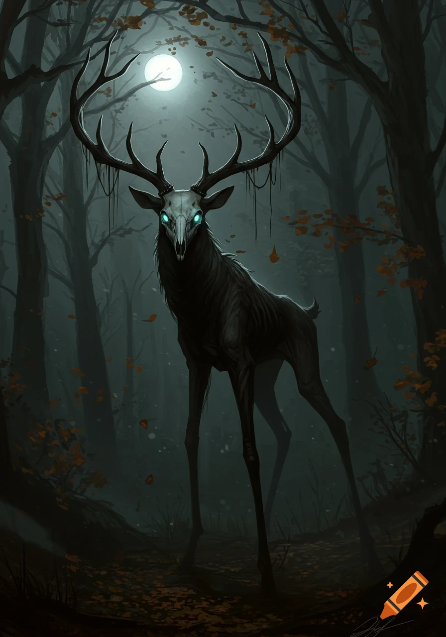 A gaunt, black, deer-like creature with glowing blue eyes and large antlers stands in a dark, misty forest under a bright full moon.