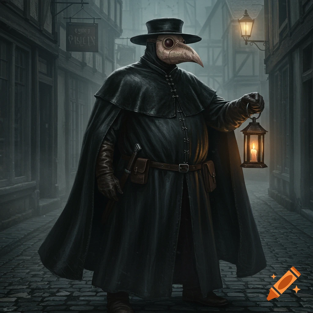A plague doctor in a black cloak and beaked mask holds a lit lantern on a foggy, cobblestone street in an old city.