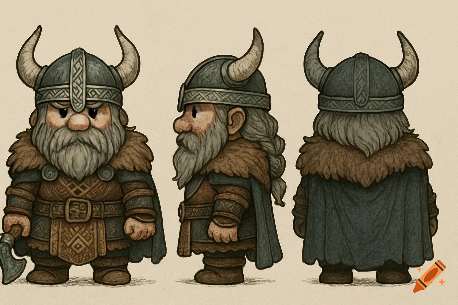 Turnaround sheet of a stout cartoon Viking warrior with a horned helmet, long beard, fur collar, and cape, holding an axe, shown from front, side, and back views.