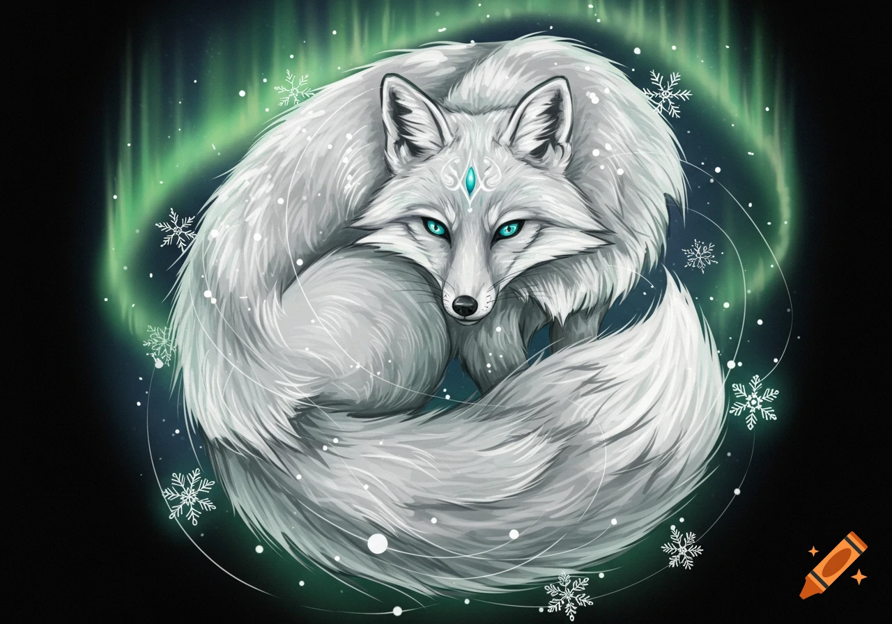 A stylized white fox with turquoise eyes and a forehead gem, curled up against a dark background with green aurora lights and snowflakes. Illustration.