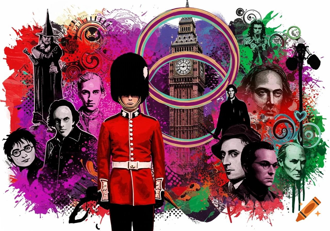 Vibrant pop art collage with a British guard, Big Ben, Harry Potter, Shakespeare, and Sherlock Holmes over a splattered, colorful background.