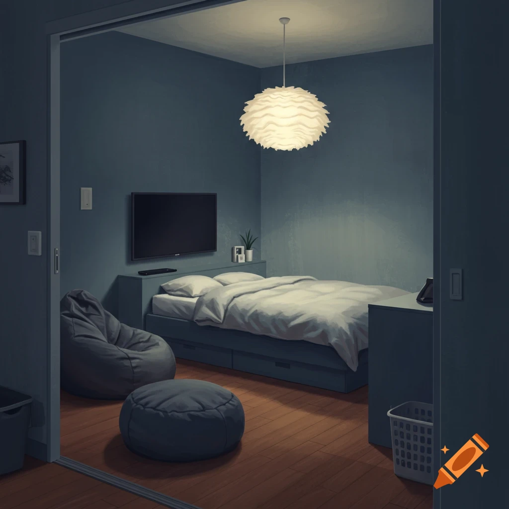 An illustrative view of a dimly lit bedroom with blue-gray walls, a bed, a TV, two bean bags, and a ruffled pendant light.