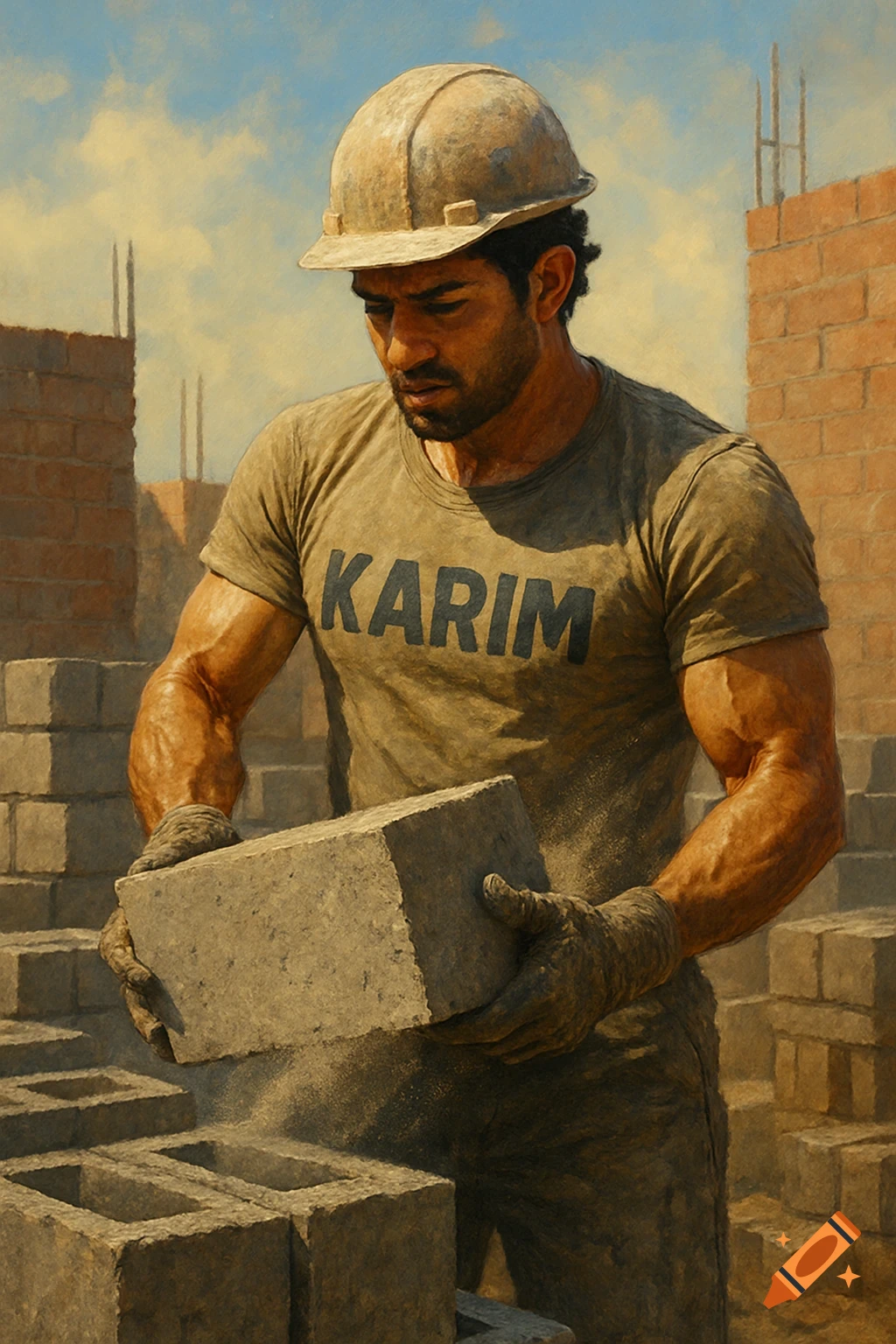 A man in a hard hat and a t-shirt with 'KARIM' written on it, lifting a concrete block at a construction site in a painted art style.