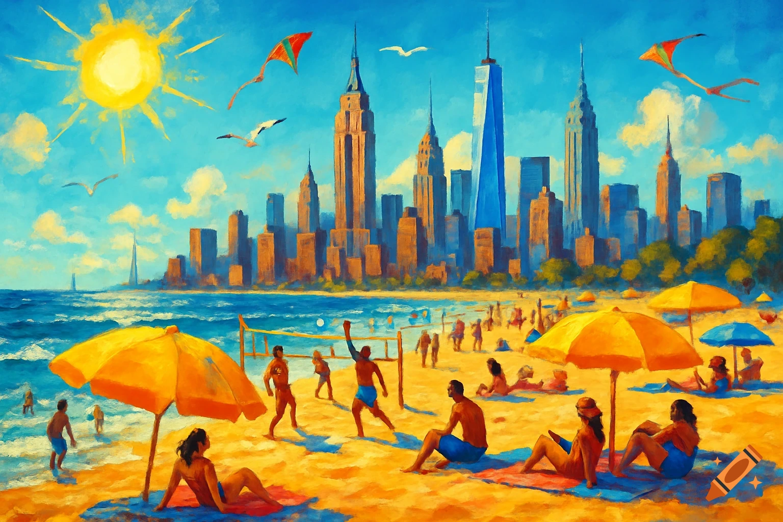 A vibrant painting of a bustling beach with people, orange umbrellas, and volleyball, set against the New York City skyline under a bright sun.