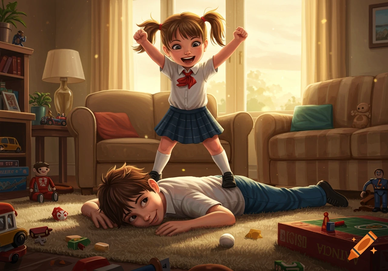 A cartoon schoolgirl triumphantly stands on a boy's back, surrounded by toys in a sunny living room.
