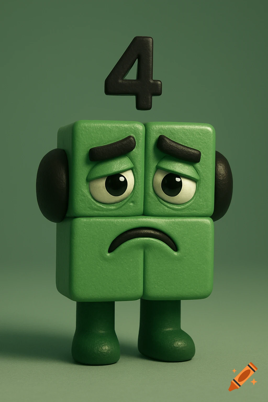 A sad green block character with black earmuffs, human-like eyes, and a concerned mouth, with a black number 4 floating above its head.
