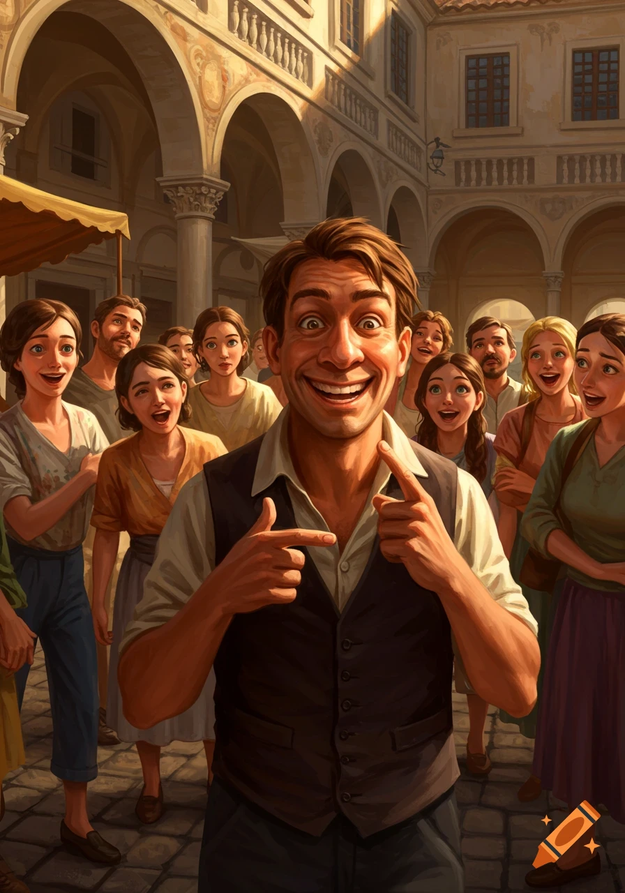 A man with a wide smile points at himself in a crowded town square, surrounded by curious onlookers, in a cartoon-like style.