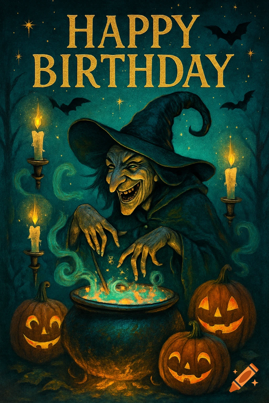 A wicked witch stirs a glowing cauldron surrounded by jack-o'-lanterns and candles, with 'HAPPY BIRTHDAY' text at the top.