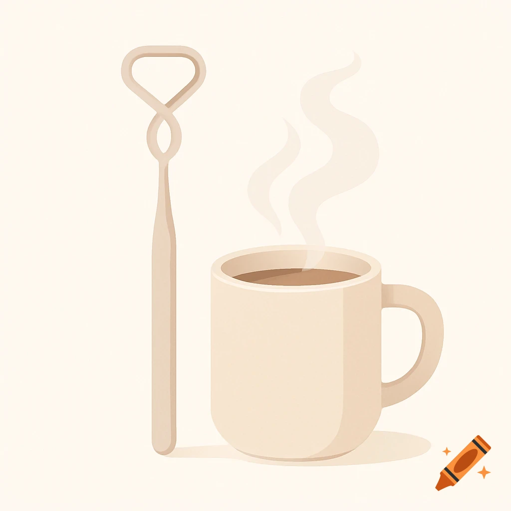A minimalist illustration of a beige tongue cleaner next to a steaming mug of coffee on a light background.
