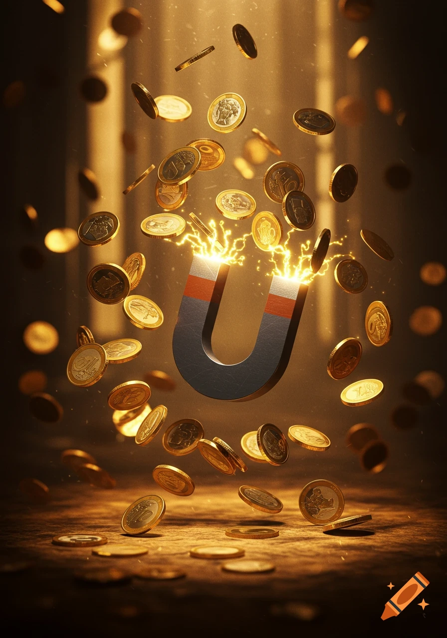 A U-shaped magnet with glowing energy attracts gold coins, floating in a dark, dramatically lit environment.