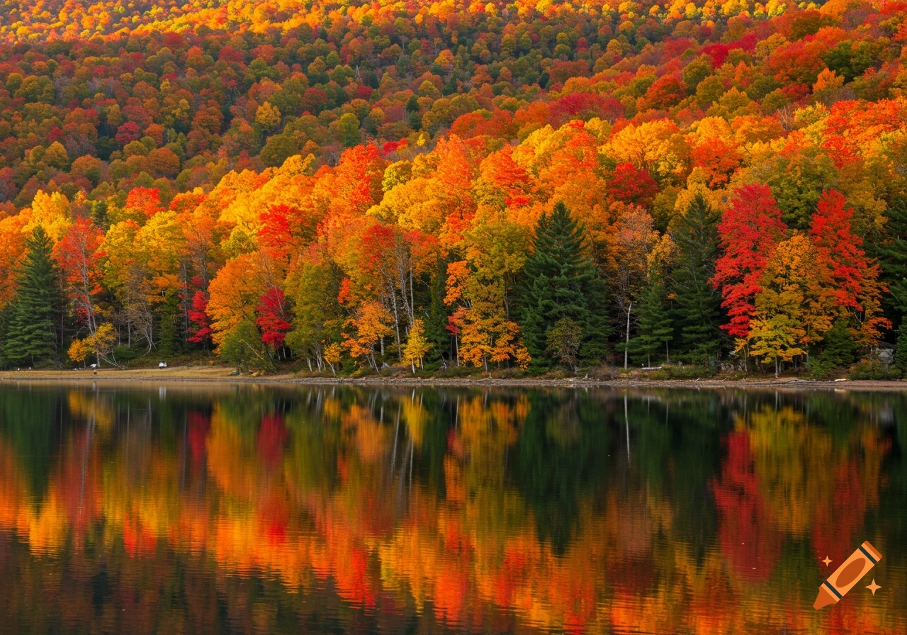 Vibrant autumn forest with red, orange, and yellow leaves reflected perfectly in a calm lake.