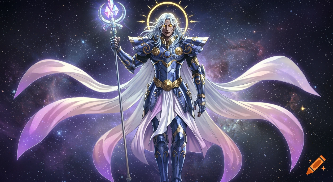 White-haired man in blue and gold armor, holding a crystal staff, against a starry cosmic background in epic anime style.