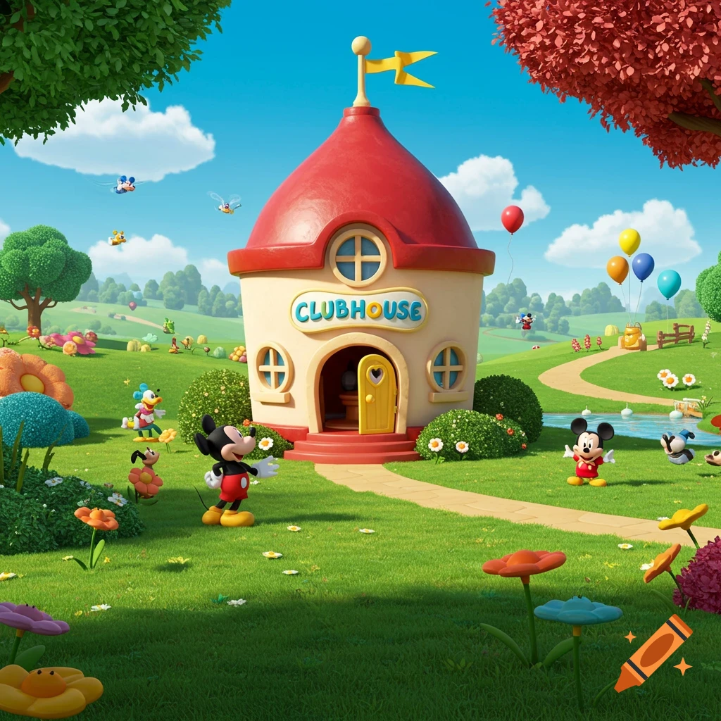 Mickey Mouse, Donald, Goofy, and friends play near a whimsical clubhouse with 'CLUBHOUSE' sign in a vibrant, grassy cartoon landscape.
