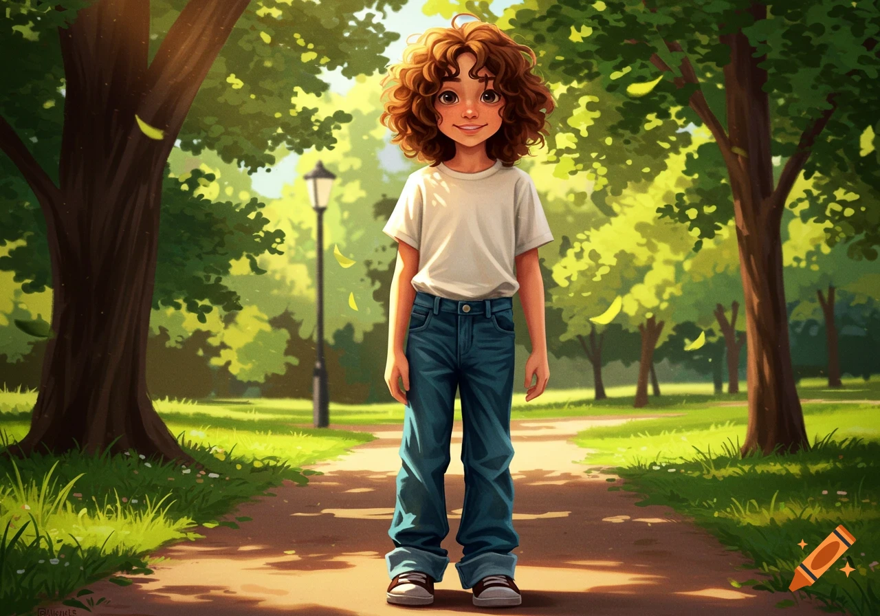 Smiling child with curly brown hair stands on a sunny park path surrounded by green trees, digital illustration.
