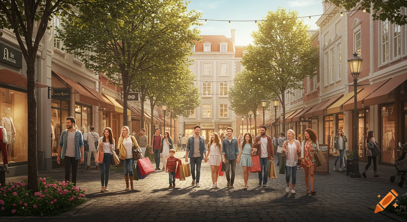 A vibrant photorealistic scene of diverse happy people walking and shopping in an outdoor pedestrian mall lined with stores and trees.