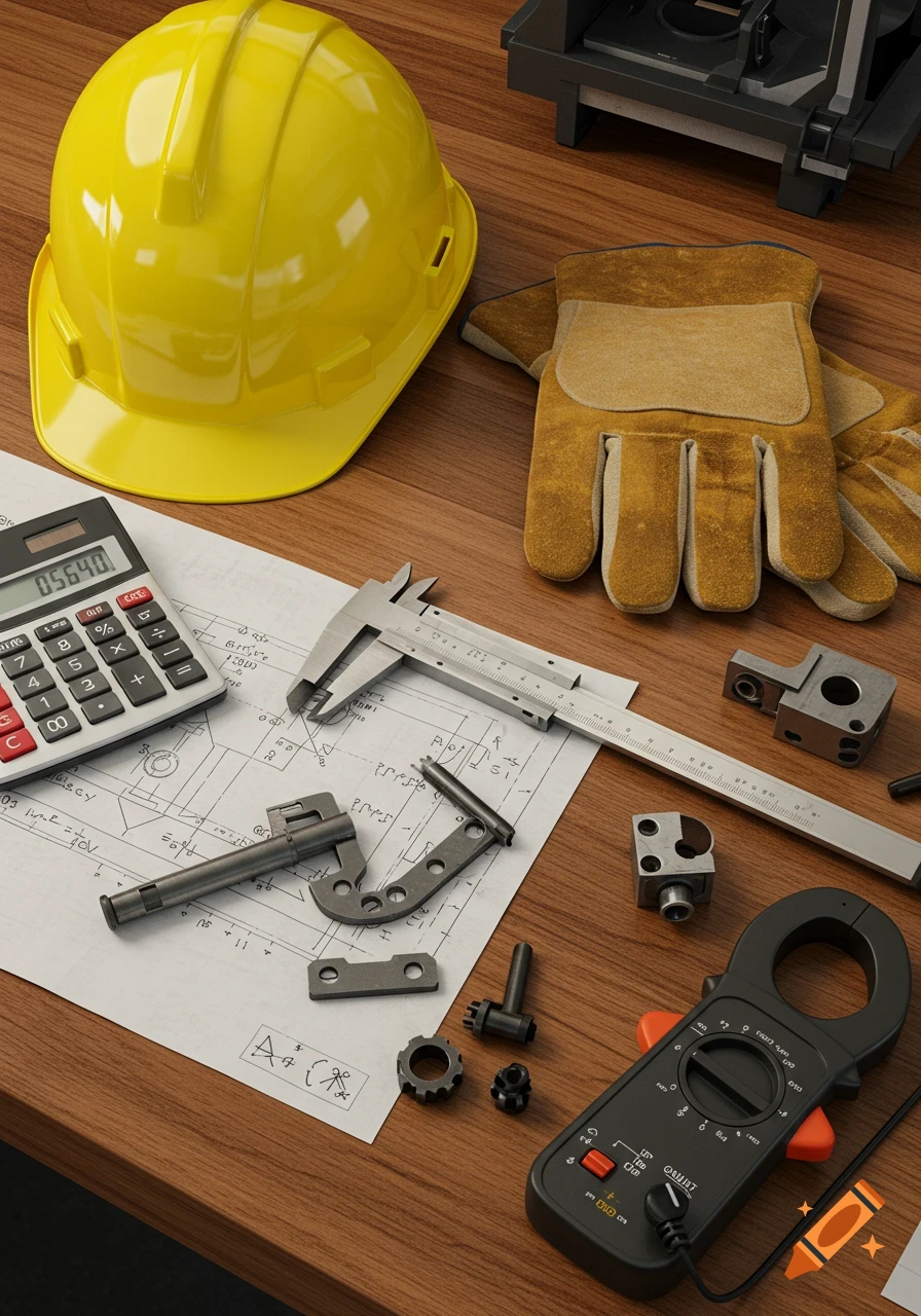 Overhead view of a yellow safety helmet, work gloves, a calculator, a caliper, an amperage clamp meter, and machine parts on a wooden desk with a blueprint.