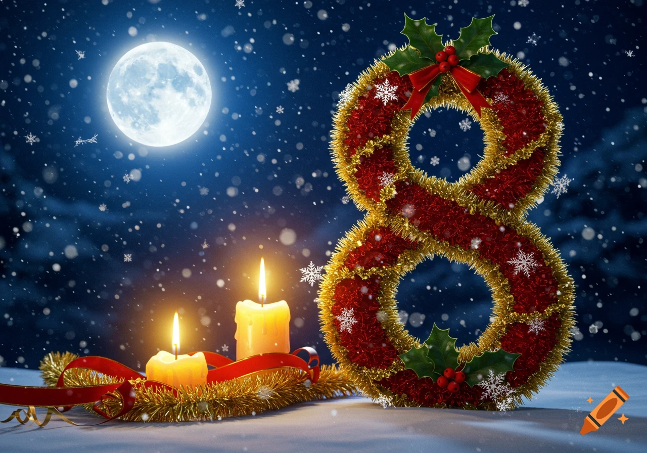A festive number 8 made of red and gold tinsel with holly, two lit candles, and snowflakes on snow under a full moon at night.