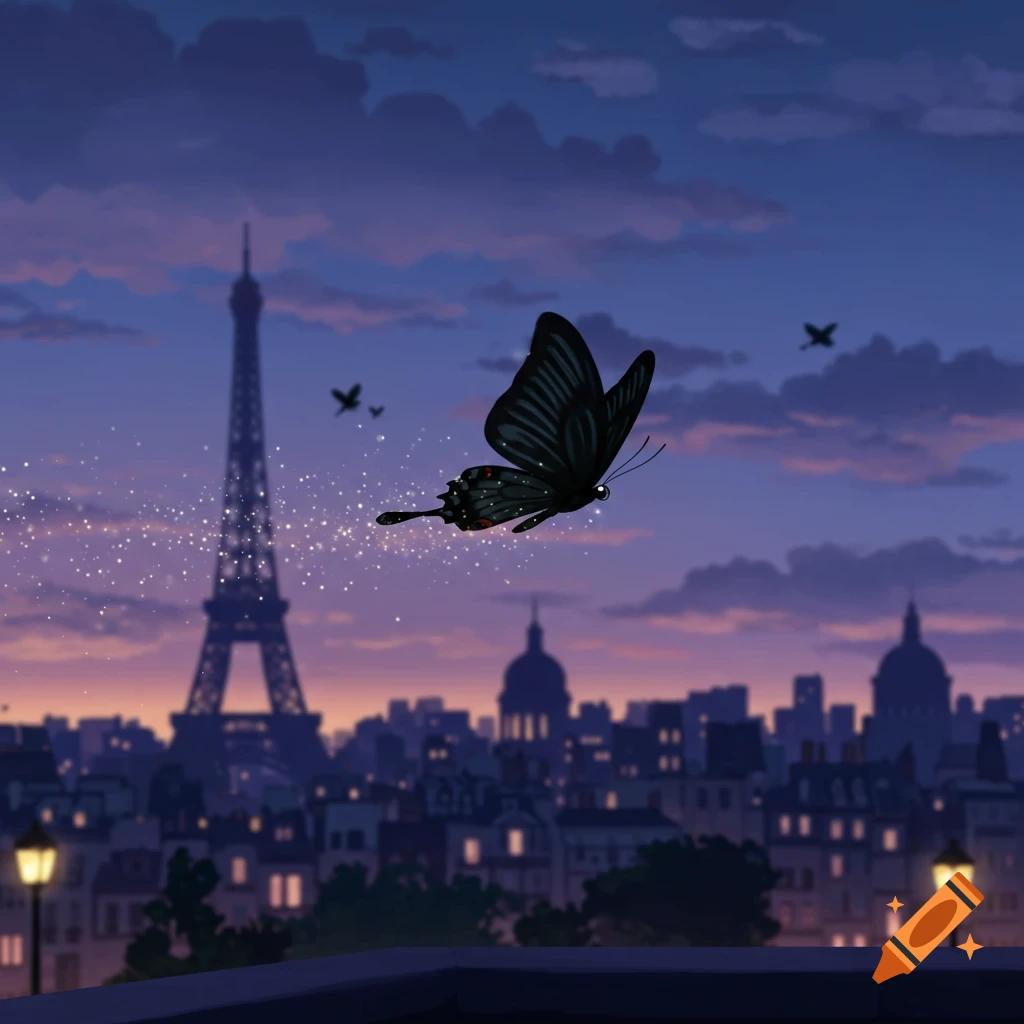 A black butterfly with sparkling trails flies over the Paris skyline and Eiffel Tower at dusk in an animated style.