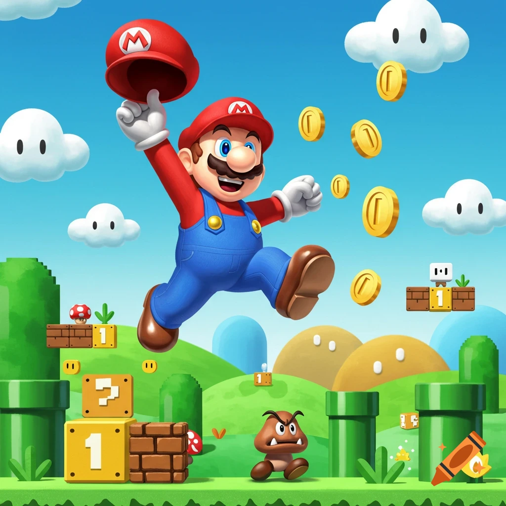 Mario jumps excitedly in a vibrant Super Mario Bros. landscape, filled with pipes, blocks, coins, clouds, and a Goomba.