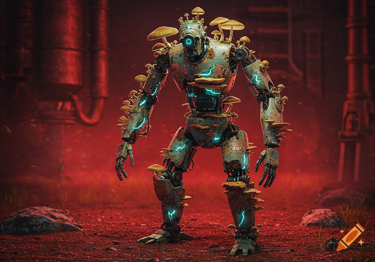 A large, rusted robot covered in various mushrooms and glowing blue accents stands in a red, industrial environment.