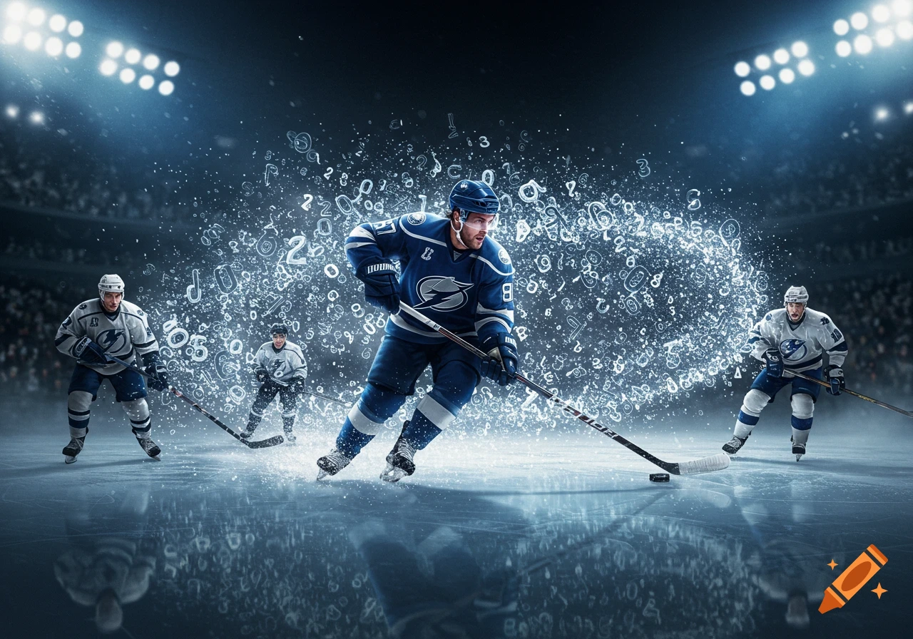 Photorealistic hockey players on ice, surrounded by a swirling cloud of glowing numbers in a dark arena.