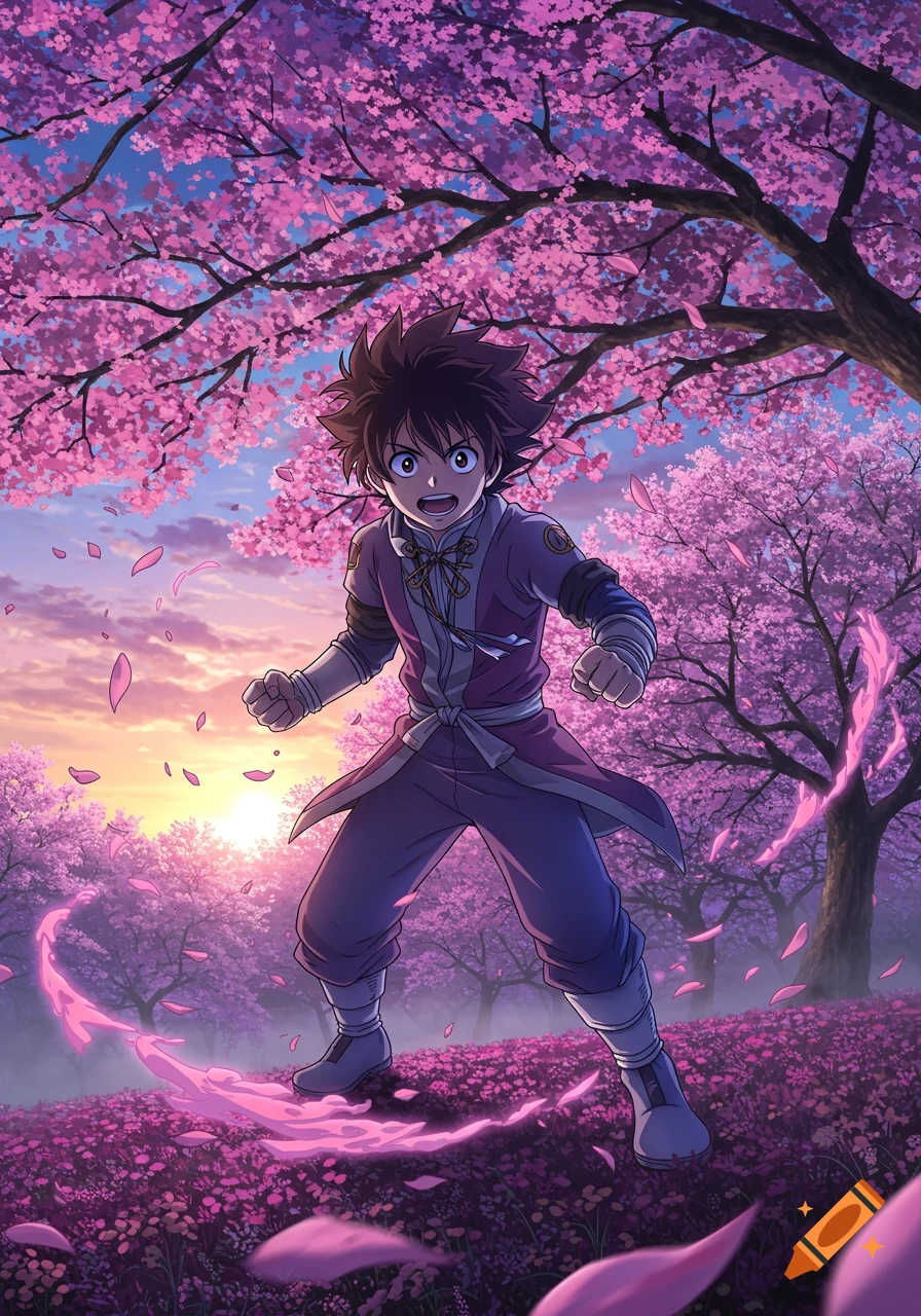 Anime male character in a purple outfit stands dynamically in a pink cherry blossom forest at sunset, with swirling pink energy.