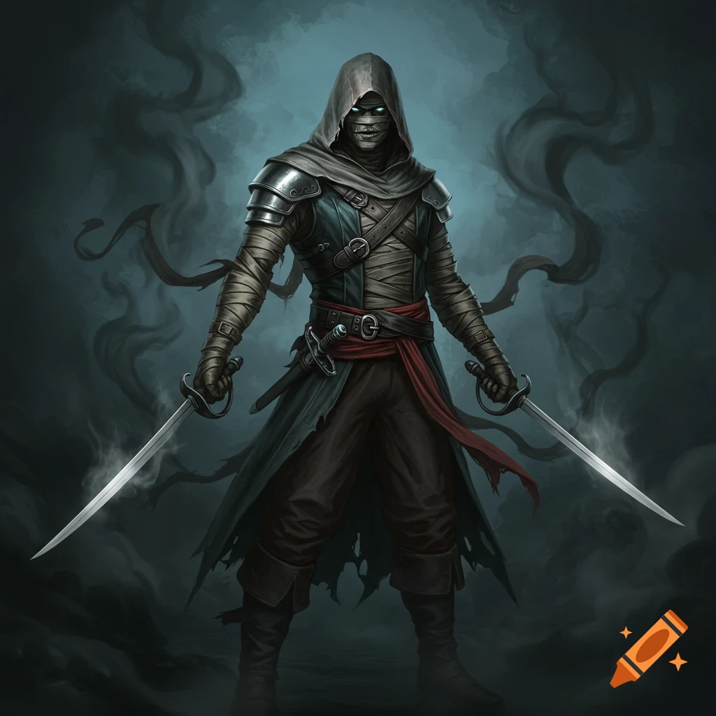 A hooded, bandaged fantasy rogue with glowing eyes and two silver swords stands in a dark mist, digital art.