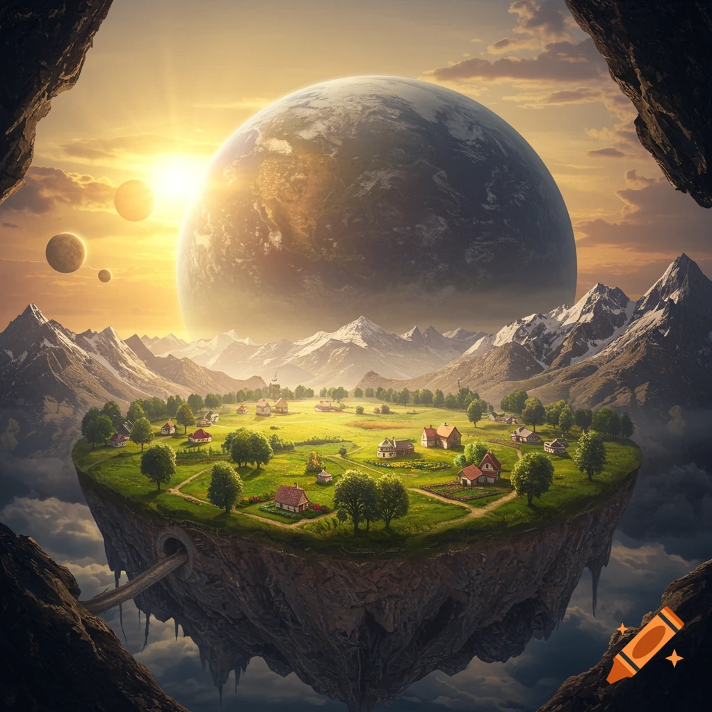 A fantastical village on a floating island, framed by cave rocks, under a golden sunset sky with a huge planet and moons.