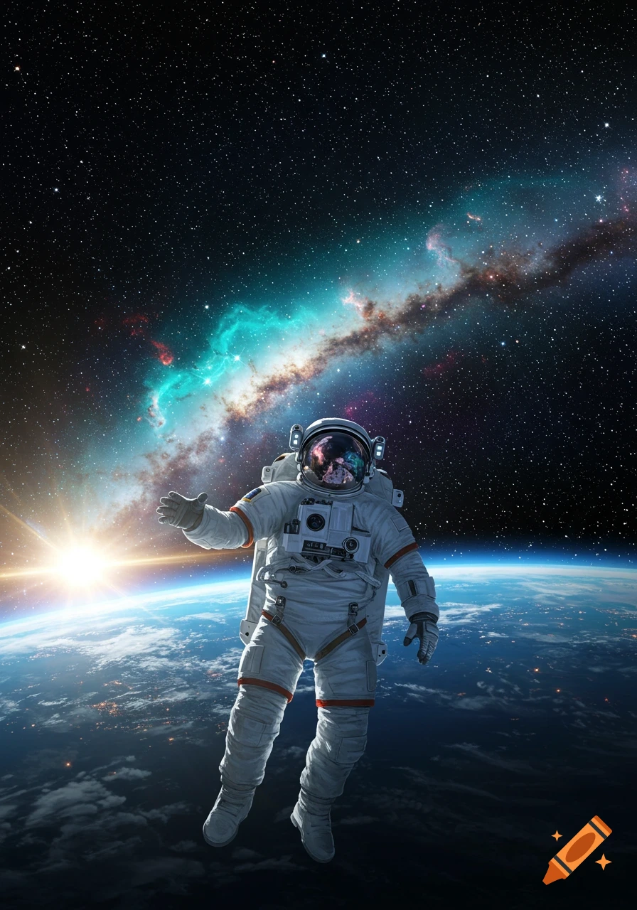 A photorealistic astronaut in a white suit floats above Earth, with a bright sun and colorful nebula in the background.