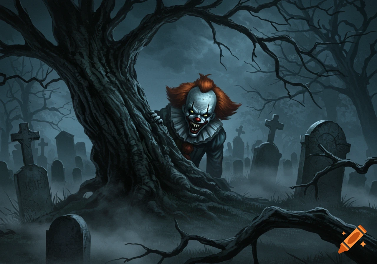 A scary clown with sharp teeth and red hair peeks from behind a gnarled tree in a foggy graveyard at night, digital art.