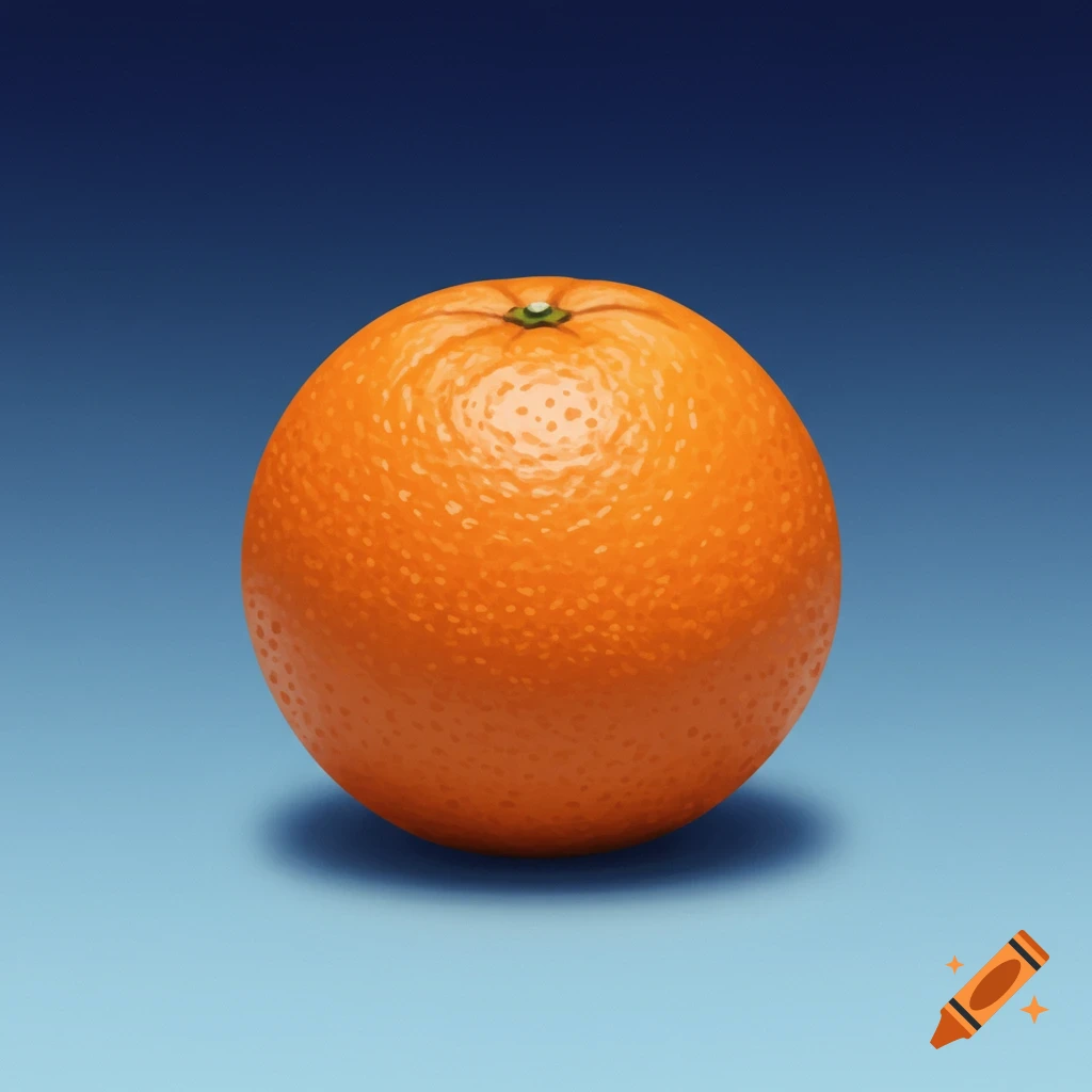 A realistic orange with a small green stem is centered against a blue gradient background, casting a subtle shadow.
