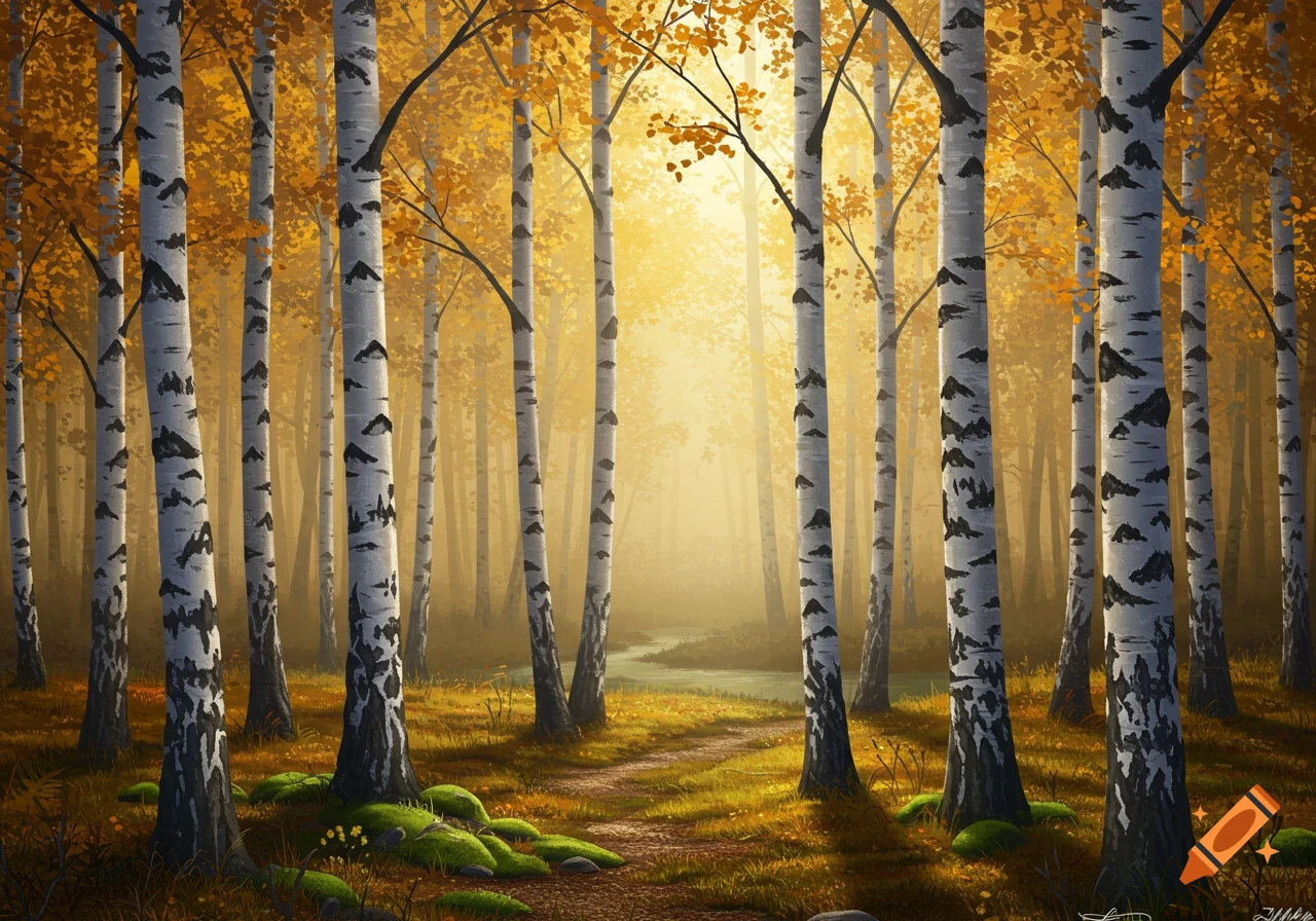 A digital painting of an autumn birch forest with golden leaves, a path, and warm sunlight filtering through the trees.