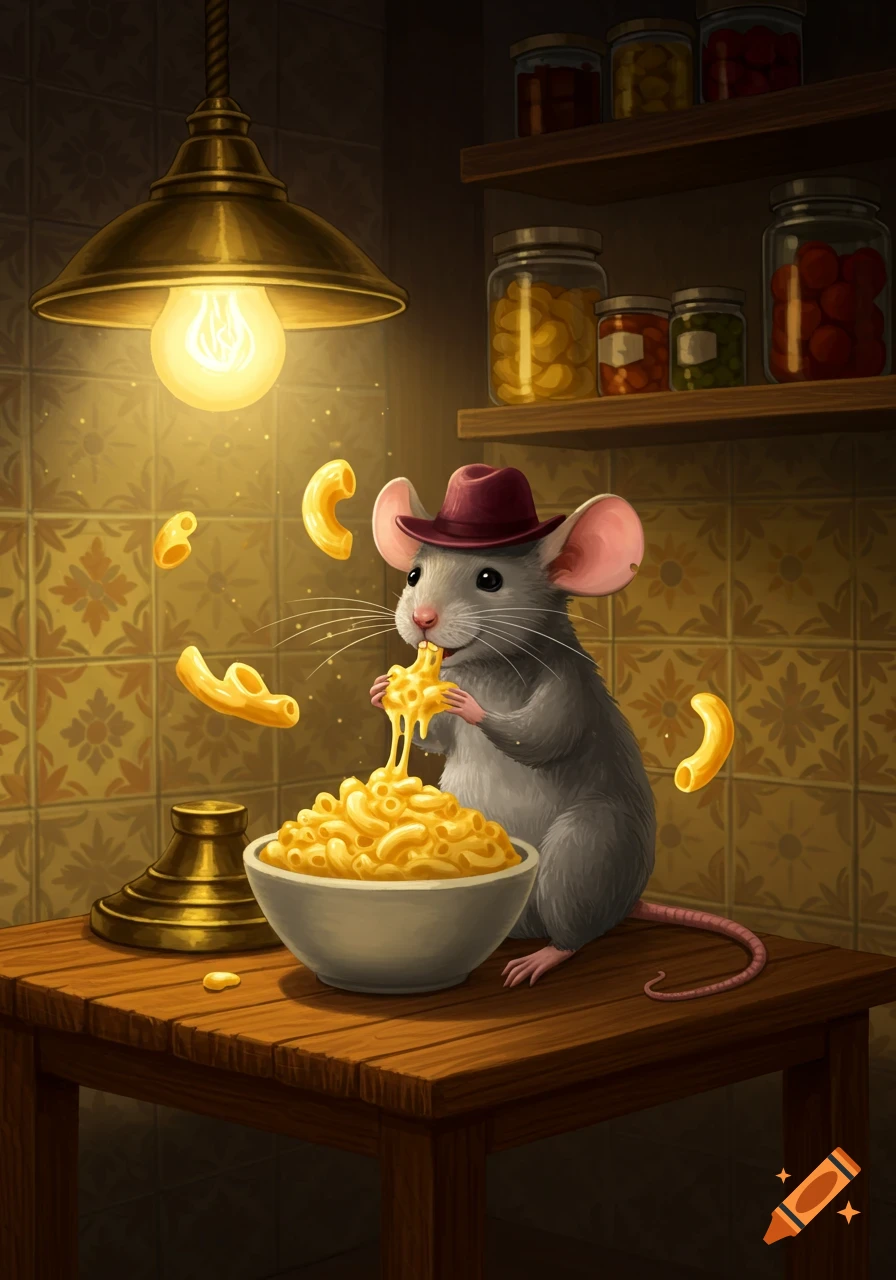 A whimsical mouse wearing a burgundy hat enjoys a large bowl of mac and cheese under a warm lamp in a kitchen setting.