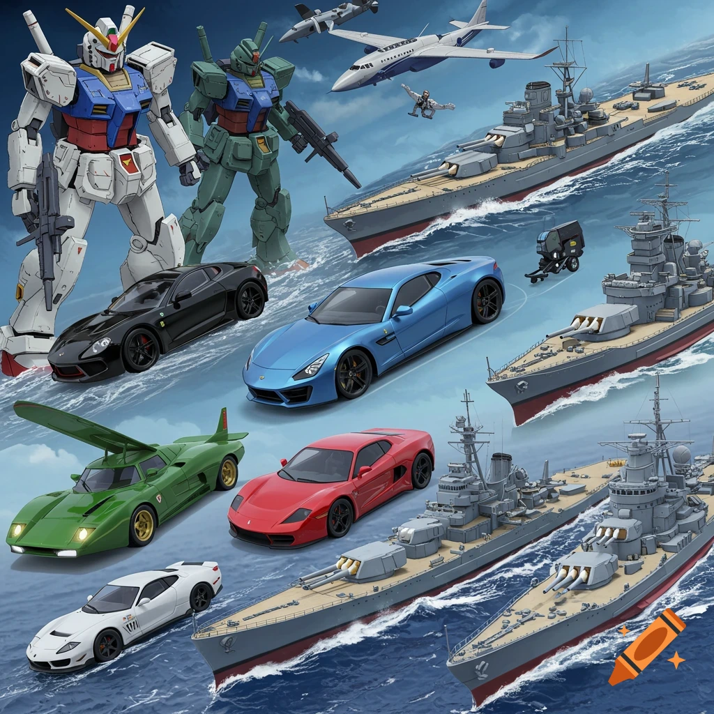 A collage of giant robots, sports cars, airplanes, and battleships on a wavy blue ocean.
