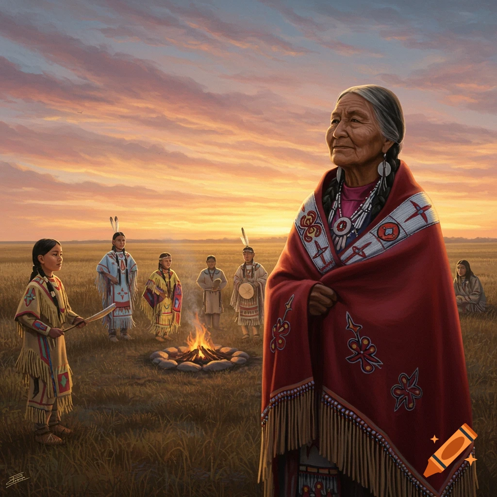 An elderly Indigenous woman and other tribal members in traditional attire gather around a campfire in a grassy field at sunset, painted realistically.