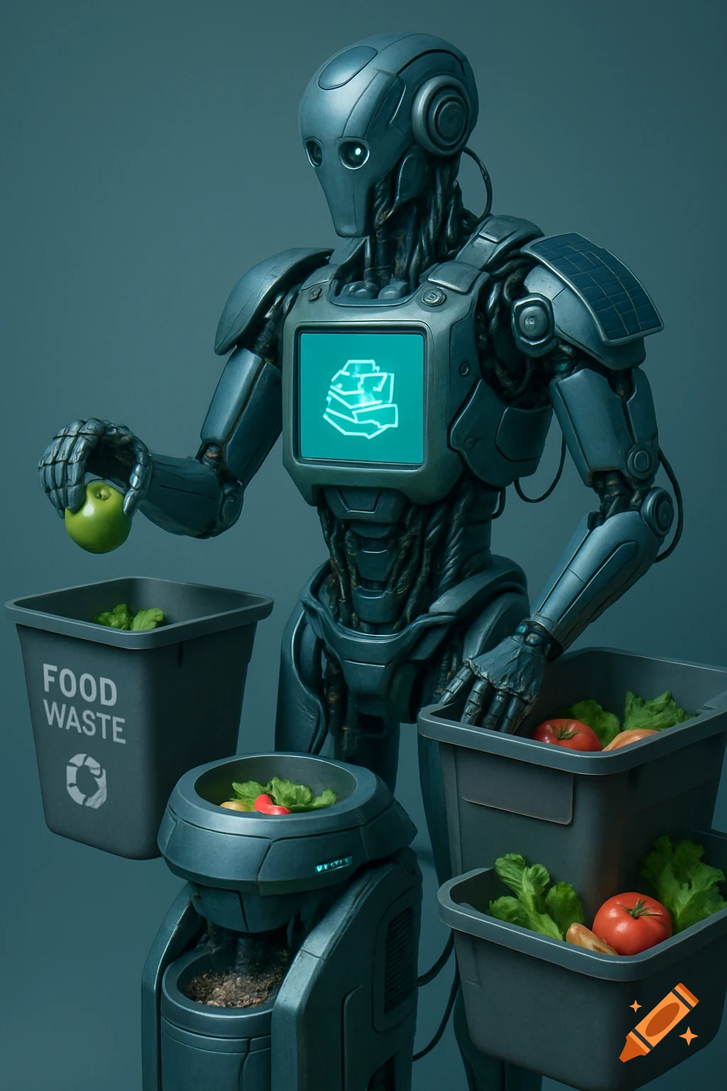 A photorealistic 3D render of a futuristic robot managing food waste, holding an apple over a bin labeled "FOOD WASTE", with other bins of fresh produce.