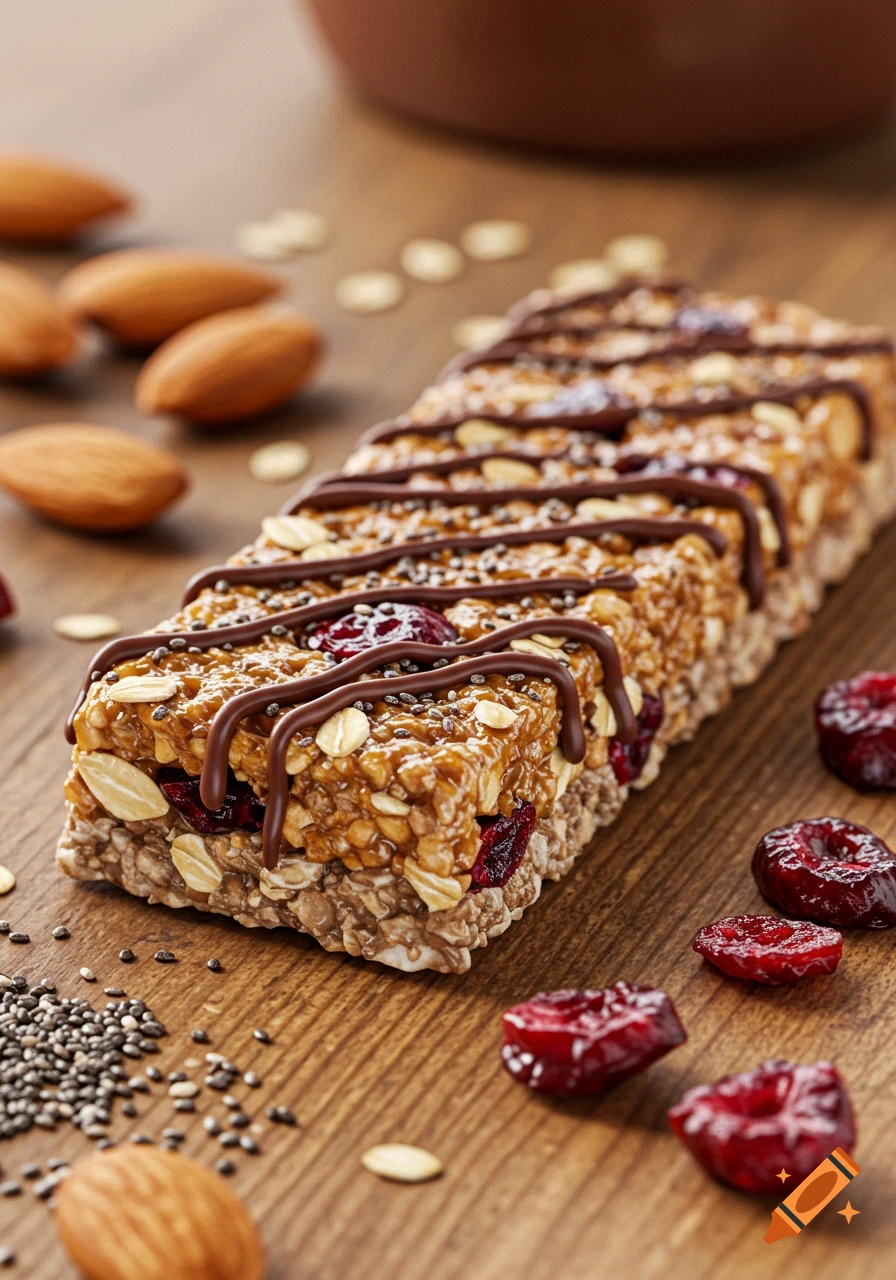 A close-up, photorealistic shot of a granola bar with oats, cranberries, chia seeds, and chocolate drizzle on a wooden table with almonds.