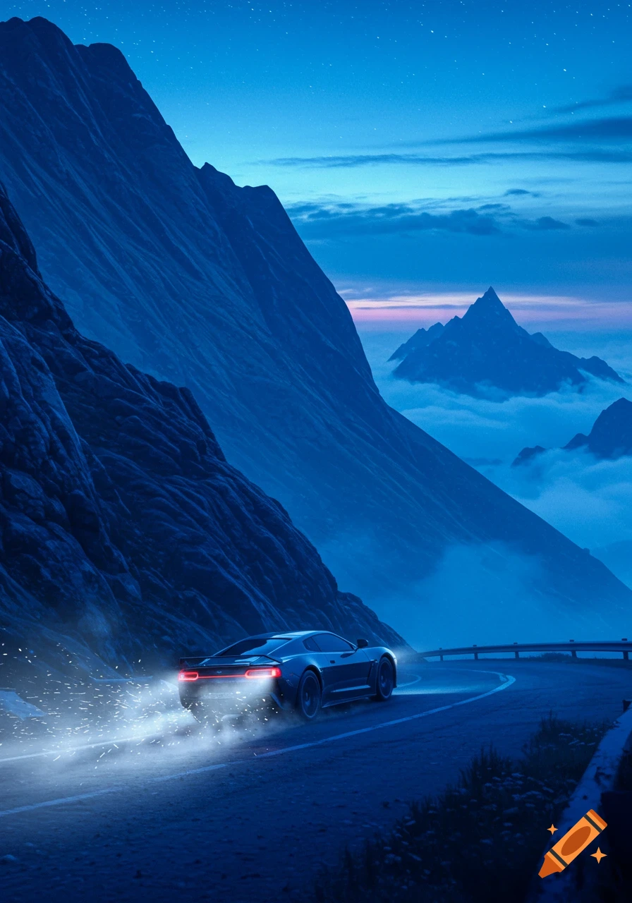 A sleek car drives on a winding mountain road at dusk, with glowing taillights and mist, under a starry blue sky.