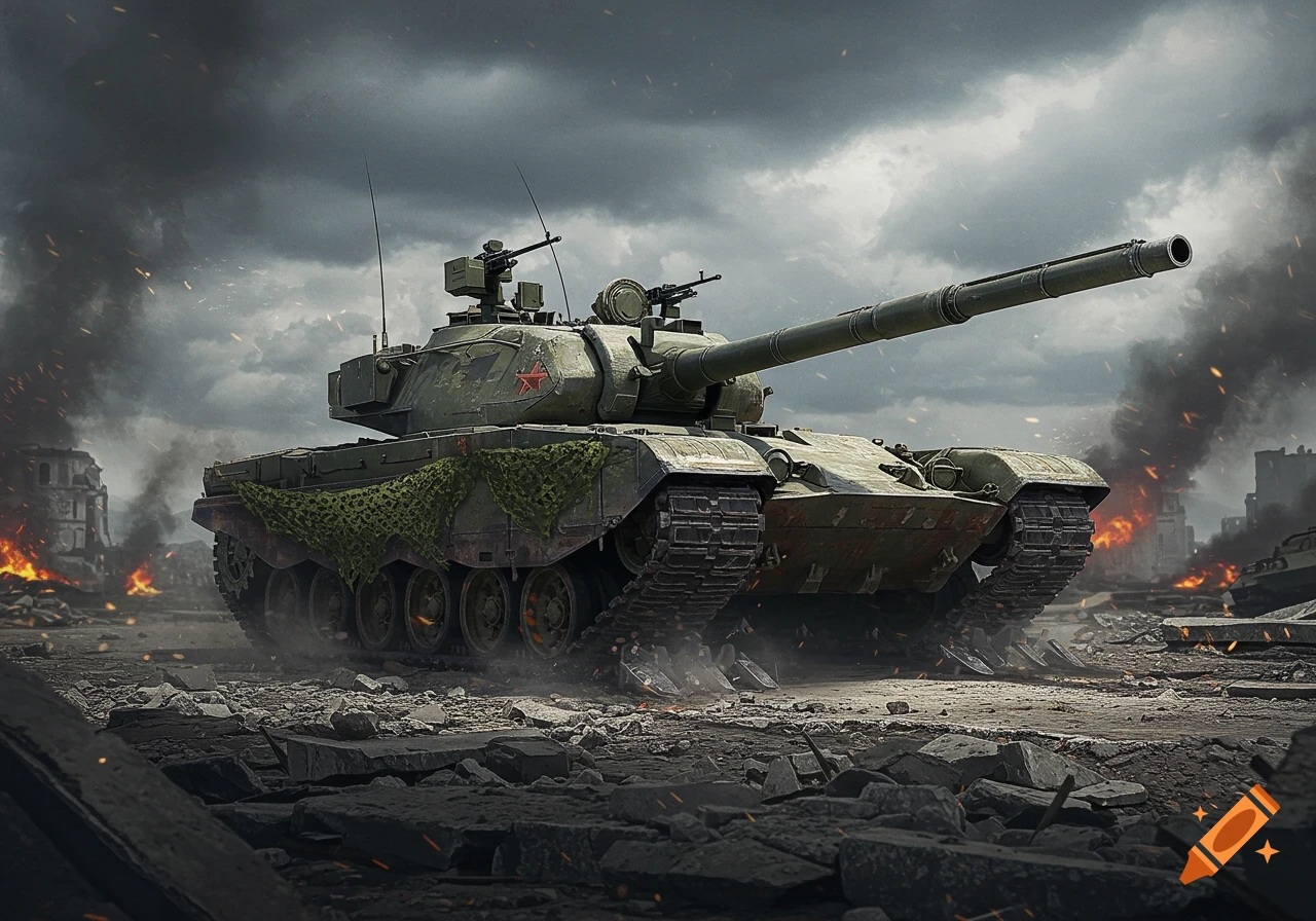 A military tank stands on a debris-strewn street in a war-torn city, with smoke and fires under a cloudy sky.